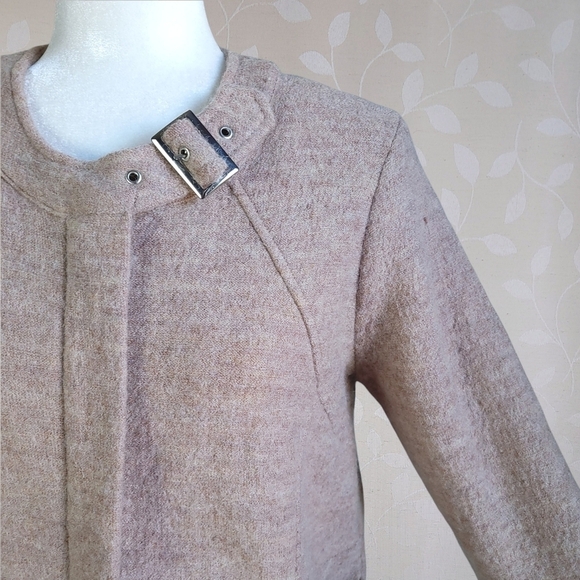 For Cynthia Cozy Wool Moto Buckle Zip Front Jacket Marled Beige Tan Petite Large - Picture 8 of 16